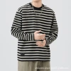 Black striped long-sleeved T-shirt for men, a loose and contrasting color round soul base layer top from the 2025 autumn fashion brand Specification image